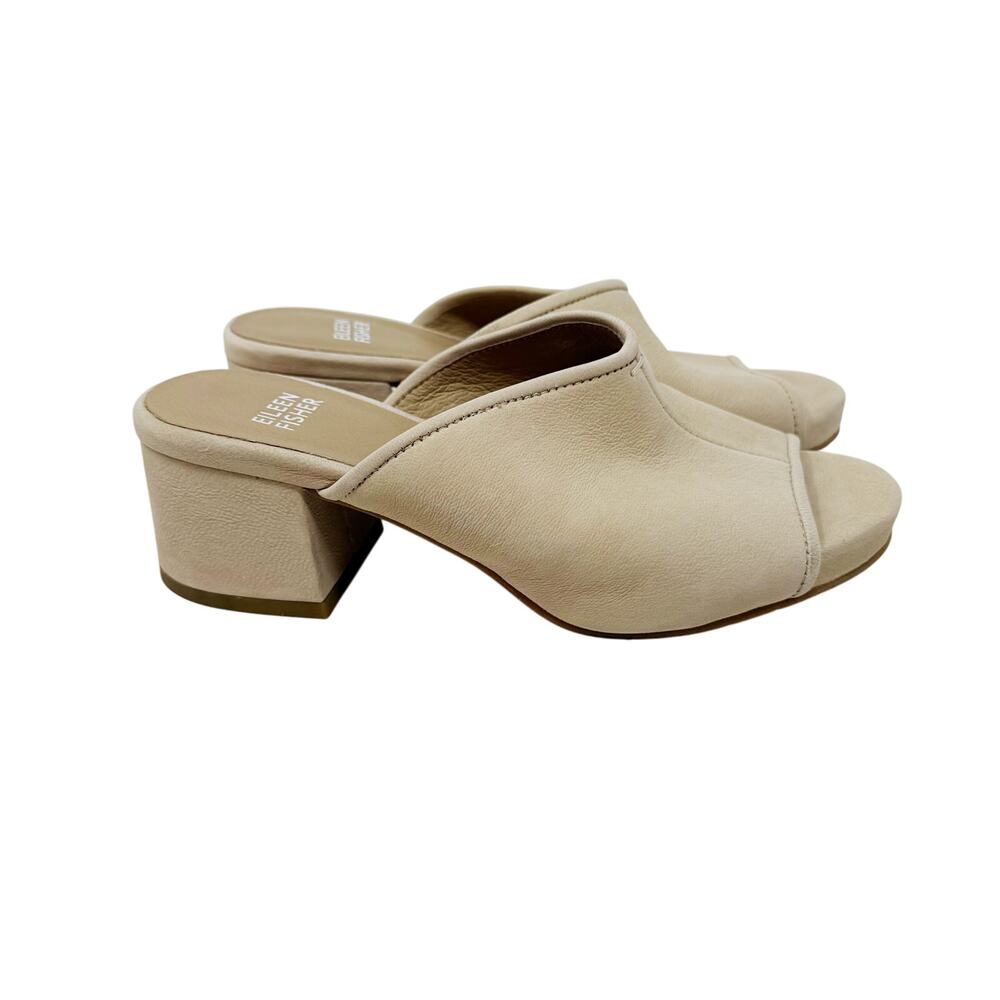 Eileen Fisher 5.5 Cream Lino Leather Fala Block Heel Sandals Slip On V Shape